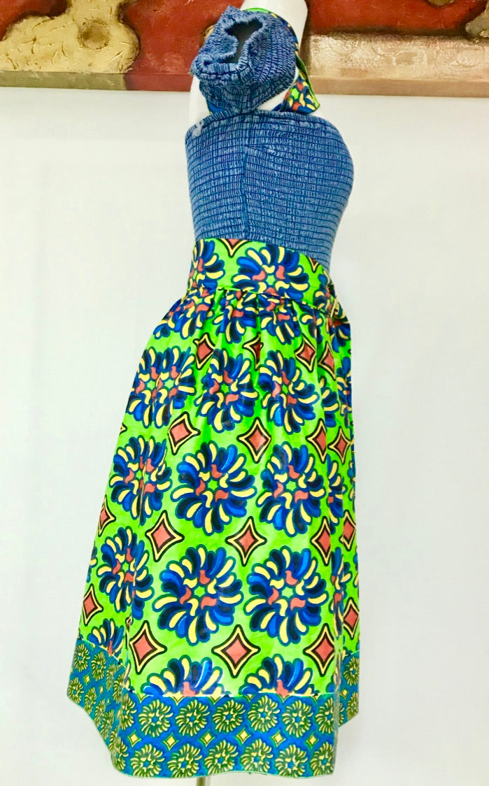 SMOCKED-DENIM FLORAL MIDI-DRESS