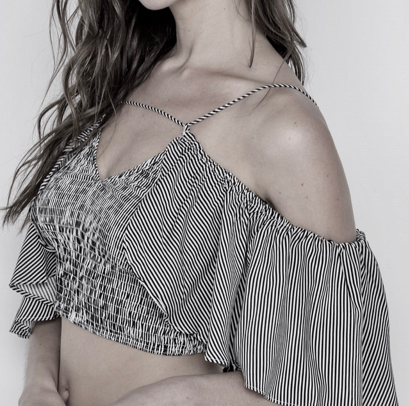 STRIPE SMOCKED OFF-THE-SHOULDER CROP TOP