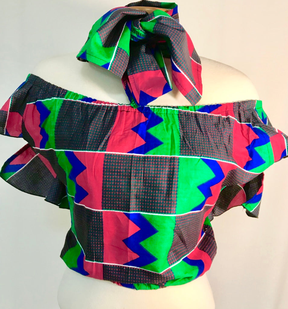 RUFFLE OFF-THE-SHOULDER CROP WITH HEAD WRAP