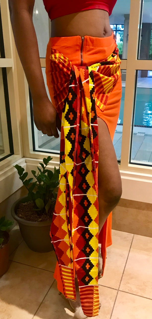 ORANGE SOLID ZIP-FRONTSIDE-SLIT TIED UP MAXI SKIRT