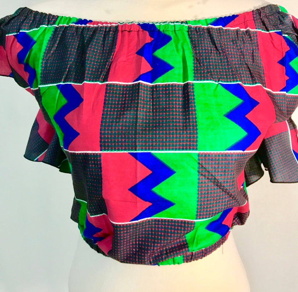 RUFFLE OFF-THE-SHOULDER CROP WITH HEAD WRAP
