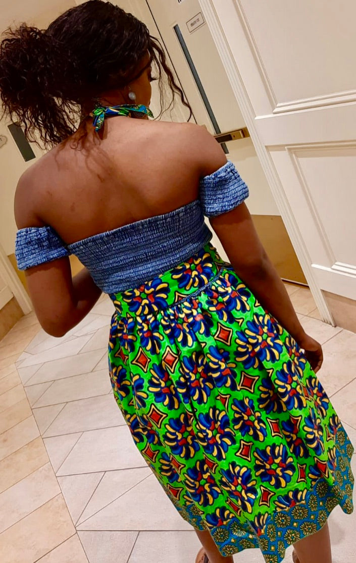 SMOCKED-DENIM FLORAL MIDI-DRESS
