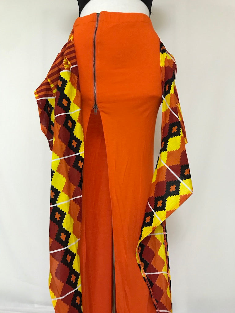 ORANGE SOLID ZIP-FRONTSIDE-SLIT TIED UP MAXI SKIRT