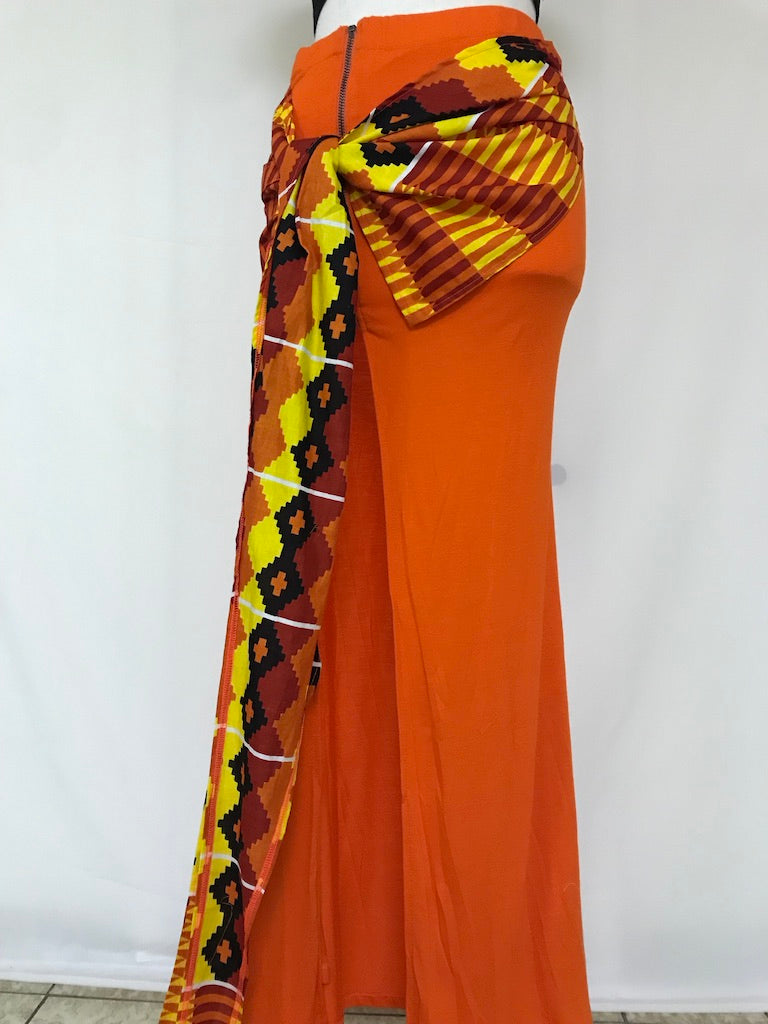 ORANGE SOLID ZIP-FRONTSIDE-SLIT TIED UP MAXI SKIRT
