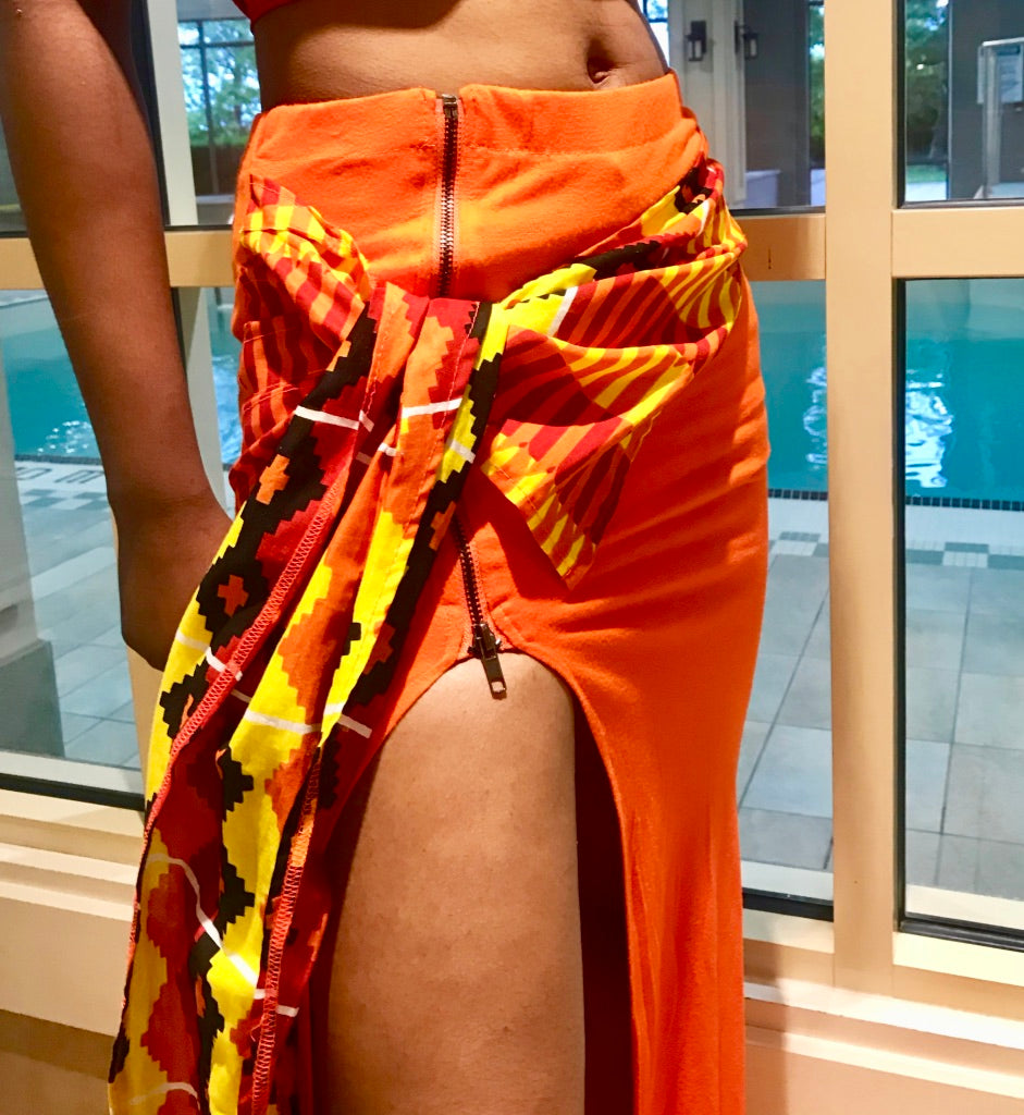 ORANGE SOLID ZIP-FRONTSIDE-SLIT TIED UP MAXI SKIRT