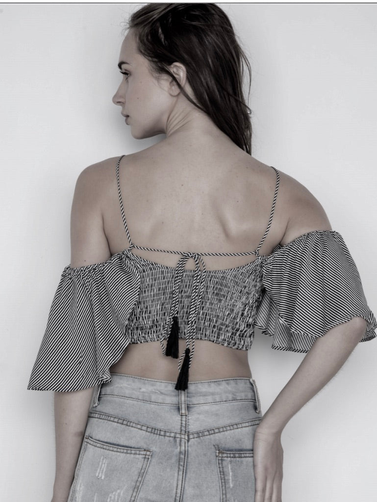 STRIPE SMOCKED OFF-THE-SHOULDER CROP TOP