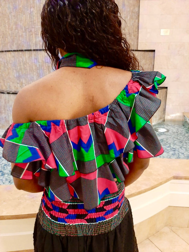 RUFFLE OFF-THE-SHOULDER CROP WITH HEAD WRAP
