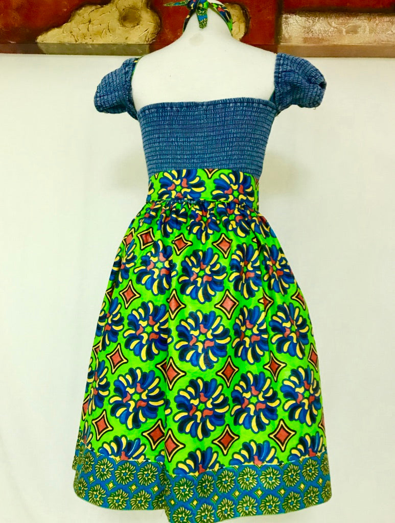 SMOCKED-DENIM FLORAL MIDI-DRESS
