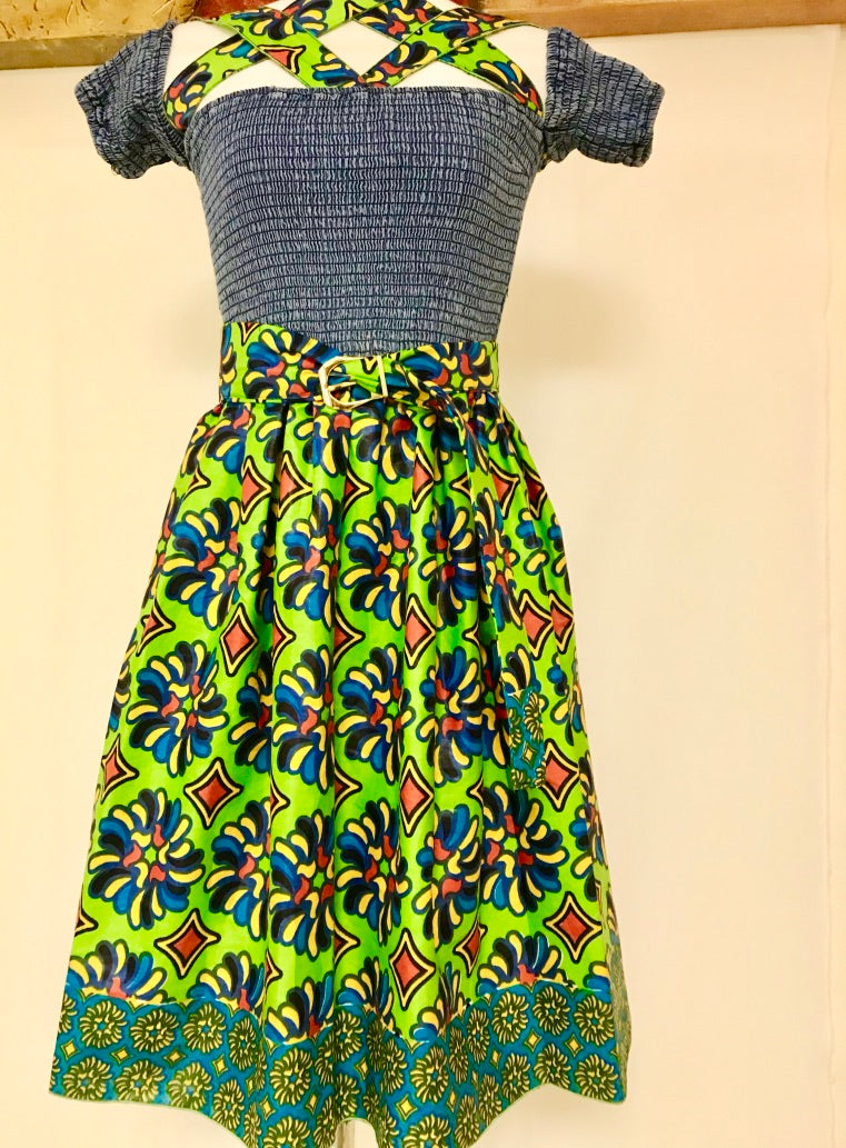 SMOCKED-DENIM FLORAL MIDI-DRESS