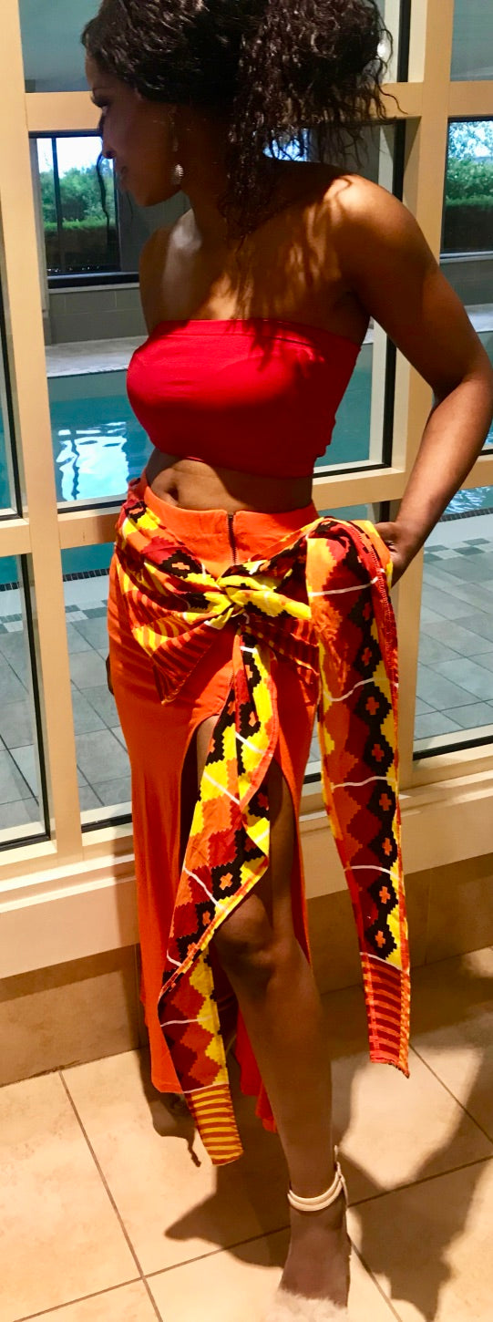 ORANGE SOLID ZIP-FRONTSIDE-SLIT TIED UP MAXI SKIRT