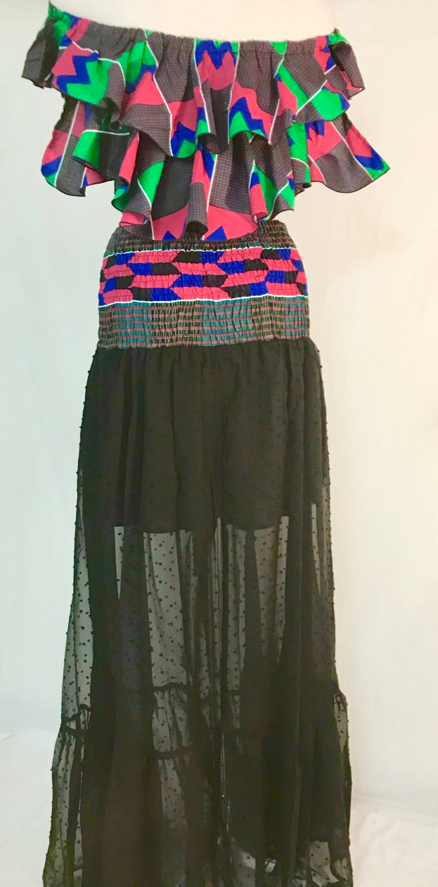 SMOCKED HIGH-WAIST SHEER MAXI SKIRT
