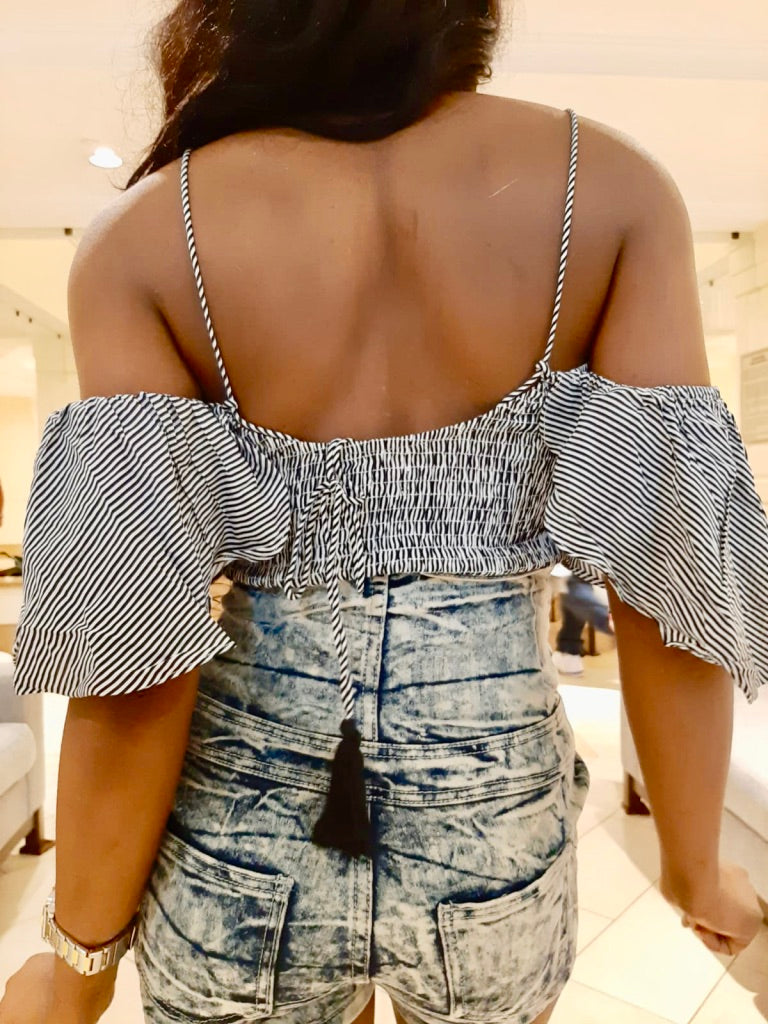 STRIPE SMOCKED OFF-THE-SHOULDER CROP TOP