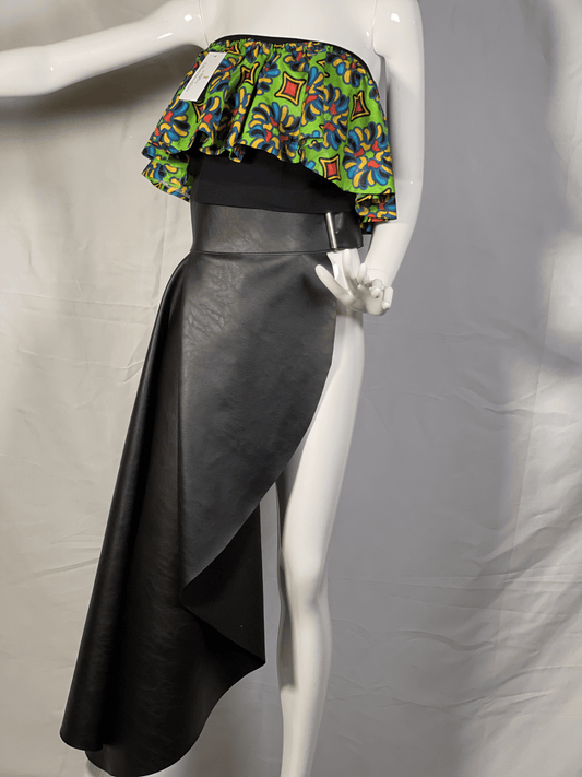 Sided Wrap Leather Skirt and Flair Crop Top