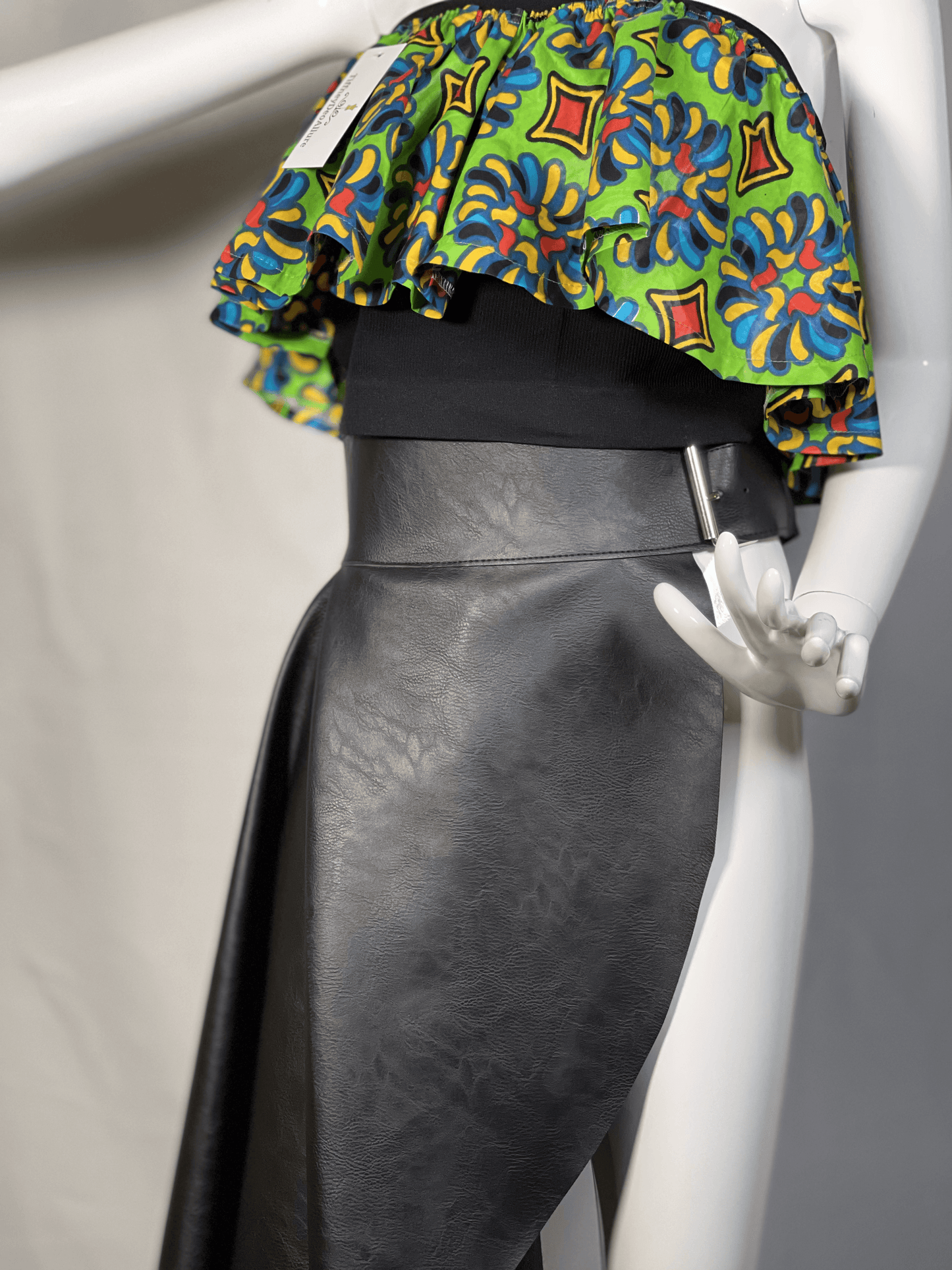 Sided Wrap Leather Skirt and Flair Crop Top