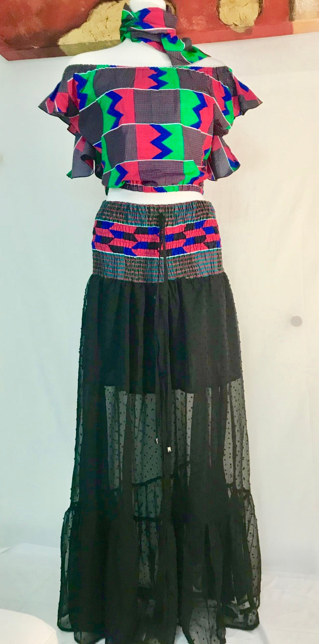 RUFFLE OFF-THE-SHOULDER CROP WITH HEAD WRAP