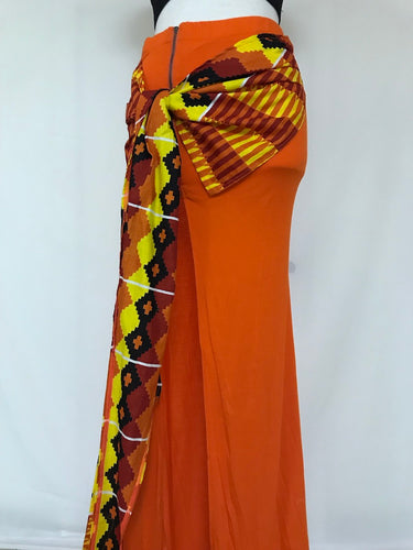 ORANGE SOLID ZIP-FRONTSIDE-SLIT TIED UP MAXI SKIRT